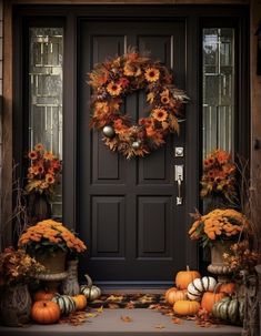 a black front door decorated with pumpkins and gourds