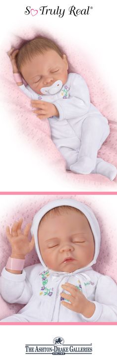 two pictures of a baby doll laying on top of a pink blanket with the caption truly real