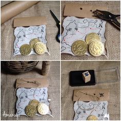 four pictures showing how to make coin purses with fabric and leather lining, including two coins