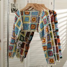 Handmade Colorful Square Crochet Cardigan Sweater Vintage Multicolor Cotton Cardigan, Multicolor Patchwork Cardigan For Spring, Spring Multicolor Patchwork Cardigan, Retro Cotton Cardigan With Patchwork, Retro Cotton Patchwork Cardigan, Multicolor Granny Square Cardigan For Spring, Vintage Multicolor Patchwork Cardigan, Multicolor Retro Patchwork Cardigan, Retro Multicolor Patchwork Cardigan