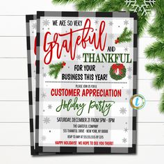 a christmas party card with the words grateful and thank you for your business this year