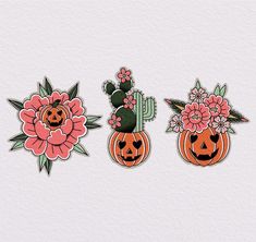 three pumpkins with flowers and cacti on them, one has a cactus