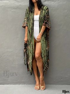 Bjux - Premium Plus Size Boho Kimono for Women: Tie Dye Stripe Print Batwing Sleeve Open Front Cover Up with Belt Fitted Casual Summer Kimono, Fitted Casual Kimono For Summer, Fitted Green Kimono For Summer, One Size Green Kimono For Festival, Green One-size Festival Kimono, Green One Size Kimono For Festival, Green Free Size Summer Kimono, Kimono Boho, Plus Size Boho