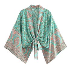 Hippie Style Blue Kimono For Spring, Bohemian Cotton Patterned Kimono, Casual Spring Paisley Print Kimono, Printed Cotton V-neck Kimono, Bohemian Flowy Cotton Kimono, Bohemian Floral Print Kimono For Spring, Flowy Cotton Bohemian Kimono, Bohemian Rayon Kimono For Spring, Flowy Green Spring Kimono