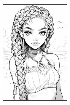 a girl with long hair and braids on her head is standing in front of the ocean