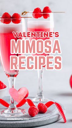 valentine's mimosa recipe with raspberries in wine glasses on a plate