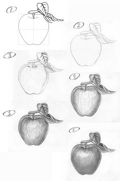 an apple is shown in four different stages to be colored and drawn with pencils