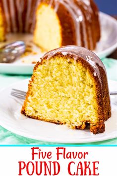 a slice of pound cake on a plate with the rest of the cake in the background