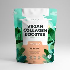 a bag of vegan collagen booster on a white background with green plants