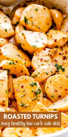 roasted turnips in a white bowl with text overlay