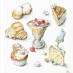 a drawing of various pastries and desserts