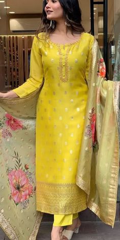 https://www.indianweddingsaree.com/product/organza-silk-festive-salwar-kameez-in-yellow-with-embroidered-work-1947480 Salwar Kameez Designs Simple, Silk Saree Salwar Suit, Punjabi Suits New Trend, Long Straight Kurta Designs, Silk Saree Suits Designs, Silk Chudidar Salwar Suits, Silk Salwar Patterns, Festive Party Kurta In Cambric, Festive Cambric Kurta For Party