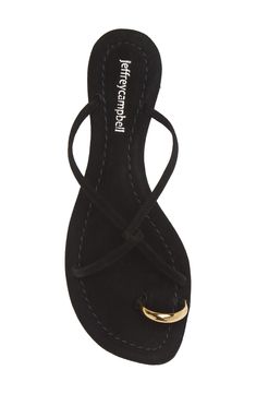 A metallic toe loop and interlocking vamp straps create contemporary allure on a leather slide sandal that will complement your trendsetting style. Flat sole Leather upper and lining/synthetic sole Imported Essential Shoes For Women, Flat Sandals Outfit, Black Heel Sandals, Classy Sandals, Black Flat Sandals, Jeffrey Campbell Sandals, Black And White Sandals, Sandals Outfit, Shoe Inspo