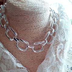 Chunky 925 Sterling Silver Chain Link Necklace, Geometric Thick Chain Choker - Etsy Silver Chain Link Necklace With Clavicle Chain, Silver Clavicle Chain Link Necklace, Trendy Silver Oval Link Jewelry, Elegant Chain Link Choker For Party, Silver Chain Choker For Formal Occasions, Unique Adjustable Chain Necklace, Silver Metal Chain Necklace As Gift, Trendy Oval Link Silver Chain Jewelry, Trendy Silver Chain Jewelry With Oval Link