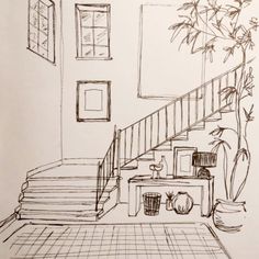 a drawing of a living room with stairs leading up to the second floor and potted plant