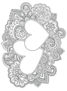 an intricate coloring page with hearts in the center and paisley designs on the bottom corner