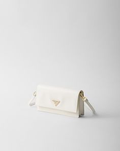 White Saffiano Leather Mini-bag | PRADA White Leather Shoulder Bag With Logo Plaque, White Leather Bags With Logo Plaque, Classic White Bags With Logo Plaque, Luxury White Shoulder Bag With Logo Plaque, Elegant White Shoulder Bag With Logo Plaque, Modern Formal Bag With Logo Plaque, Modern Formal Bags With Logo Plaque, Modern Shoulder Bag With Logo Plaque For Formal Use, Formal White Bags With Metal Logo