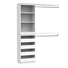 a white closet with two shelves and one shelf on the bottom, in front of a white background