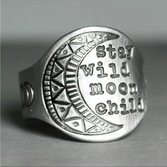 Nwt Stay Wild Moon Child Silver Tone Ring, Size 9. Moon Phase Ring, Punk Rings, Finger Band, Crescent Ring, Crescent Moon Ring, Triple Moon Goddess, Stay Wild Moon Child, Wild Moon, Kids Rings