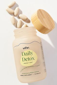 Formulated with a blend of Dandelion, Milk Thistle, and Triphala, hit the reset button and rejuvenate your body with this herbal blend. How to use: Take 2-3 capsules once a day. | Daily Detox Supplement by WTHN in Green at Anthropologie Healthy Gut Diet, Detox Supplements, Supplements Packaging, Organic Milk, Beauty Supplements, Reset Button, Body Milk, Cleanse Your Body, Milk Thistle