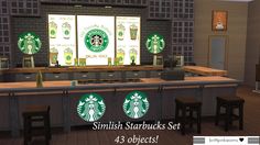 an animated starbucks coffee shop with stools