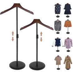 three different types of clothes hangers and two coats on stands, all in different colors