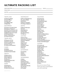 the ultimate packing list is shown in black and white, with text that reads ultimate packing list