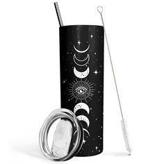 thermos cup with lid and straw is next to an image of moon phases