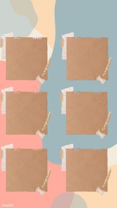 four pieces of brown paper with torn edges on a pink and blue background, each piece has different colored papers attached to it