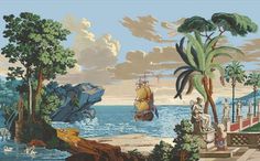 a painting of an ocean scene with boats and people on the shore, palm trees in the foreground