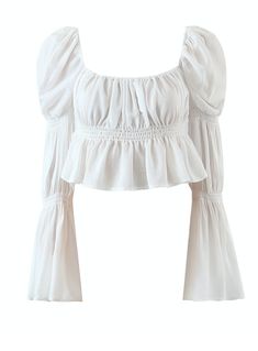 Color: White Sizing: true to size, if in-between size up {runs short} Trumpet Puff Sleeve Model is 5'8 wearing a Small Pastel Clothes Outfits, Puffy Sleeves Top, Short Dress Patterns, Flowy Shirts, Vintage Kawaii, Elegant Clothing, Sleeve Model, Barbie Dress Fashion, In The Beach