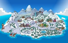 a cartoon map of the island with many buildings and trees on it, surrounded by snow covered mountains