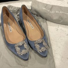 Worn Once For Wedding Day. No Signs Of Wear On The Satin. Size 38.5 Blue Flats Wedding, Flats Wedding Shoes, Shoes Manolo Blahnik, Wedding Shoes Flats, Blahnik Shoes, Manolo Blahnik Shoes, Future Wedding Plans, Blue Flats, Bride Shoes