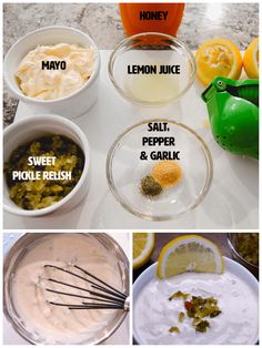 ingredients for lemon juice, salt, pepper, pickle relish, and yogurt