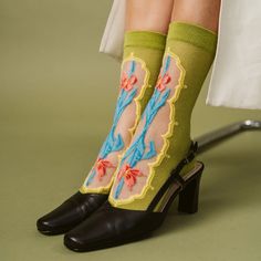 La Fleur Sheer Floral Jacquard Mesh Crew Sock | Irises – Sock Season Mules And Socks, Shoes Design, Fun Teacher Outfits, Art Socks, Unique Socks, Floral Fashion, Sock Shoes, Baby Fashion