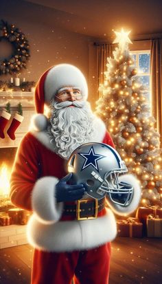 a santa claus holding a football helmet in front of a christmas tree with lights on it