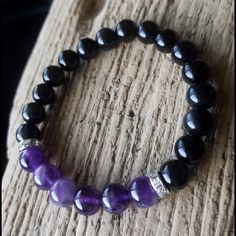 Handmade Genuine Amethyst & Obsidian Stretch Bracelet! Round 8mm Amethyst And Obsidian Beads. Silver Plated Spacers With Cubic Zirconia. Roughly 7" Bracelets Can Be Re-Strung To Smaller Or Larger Sizes! Offers Welcome! Bundle And Save! Natural Healing Crystals Stones Meditation Metaphysical Purple Black Black Amethyst Gemstone Beads Jewelry, Black Amethyst Beads Jewelry 8mm, Black Amethyst 8mm Bead Jewelry, Black Amethyst 8mm Bead Bracelets, Adjustable Black Amethyst Jewelry, Black Amethyst Bracelets With 8mm Beads, Black Amethyst Bracelet With 8mm Beads, Black Amethyst Beaded Bracelets Spiritual, Spiritual Black Amethyst Beaded Bracelets