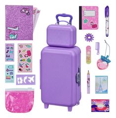 a purple suitcase with various items surrounding it