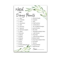 a printable disney party game with green leaves on it