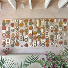 the wall is decorated with colorful circles and shapes on it, along with potted plants