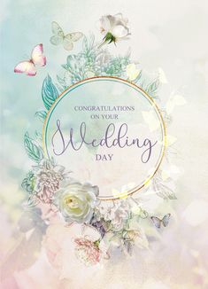 a wedding card with flowers and butterflies on the front, in pastel blue and pink tones