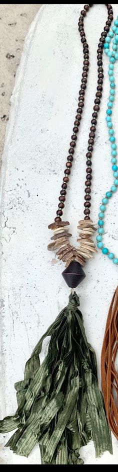 Beautiful fall color necklace! Army green tassel with wood chips beads. free shipping