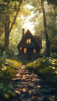 a small house in the middle of a forest with sunlight coming through the trees and leaves on the ground