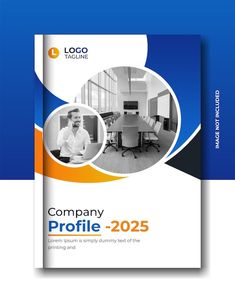 the company profile brochure is shown in blue and orange colors, with an image of