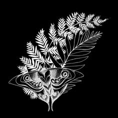 a black and white drawing of leaves on a black background