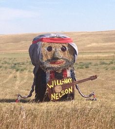 a large inflatable animal with a sign on it's head sitting in the middle of a field