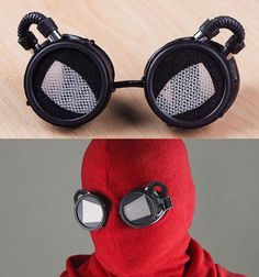 two pictures one with a red hood and the other with black goggles on it