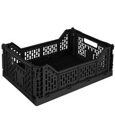 a black plastic crate is shown on a white background