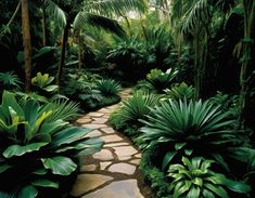 a stone path surrounded by lush green plants