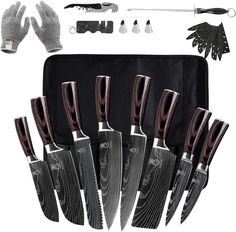 a set of knives and gloves are shown in this image